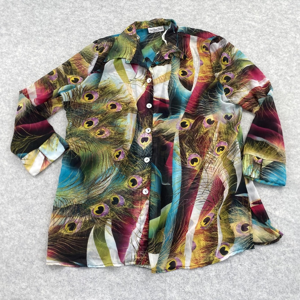 Sole Dione Studio Button Up Shirt Womens 2X Multicolor Peacock Sheer Tunic Top